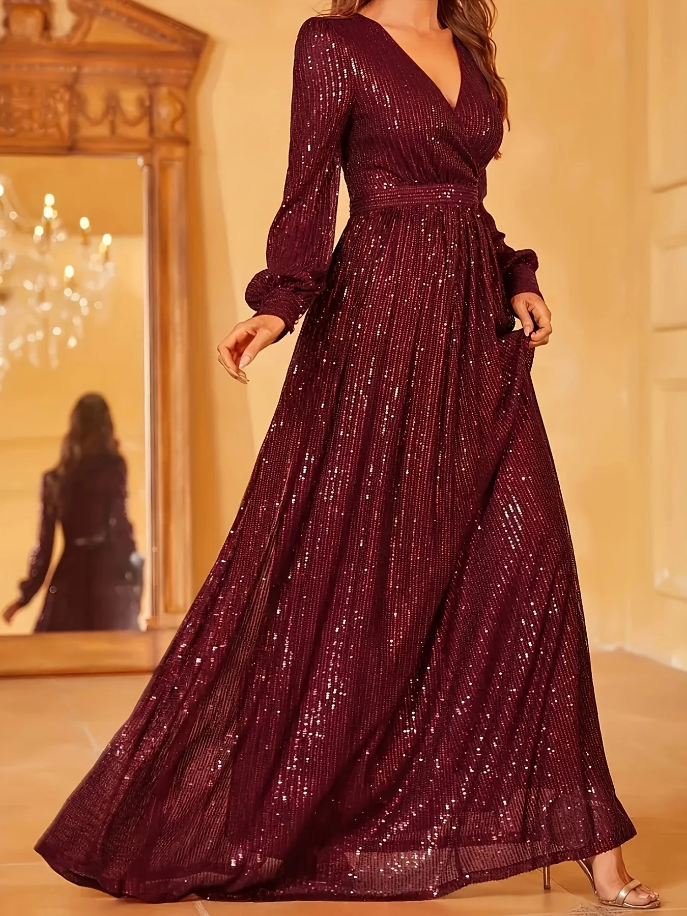 Elegant Long-Sleeve Floor-Length Evening Gown for Women - Perfect for Hosting, Weddings & Parties - SalmanStore 