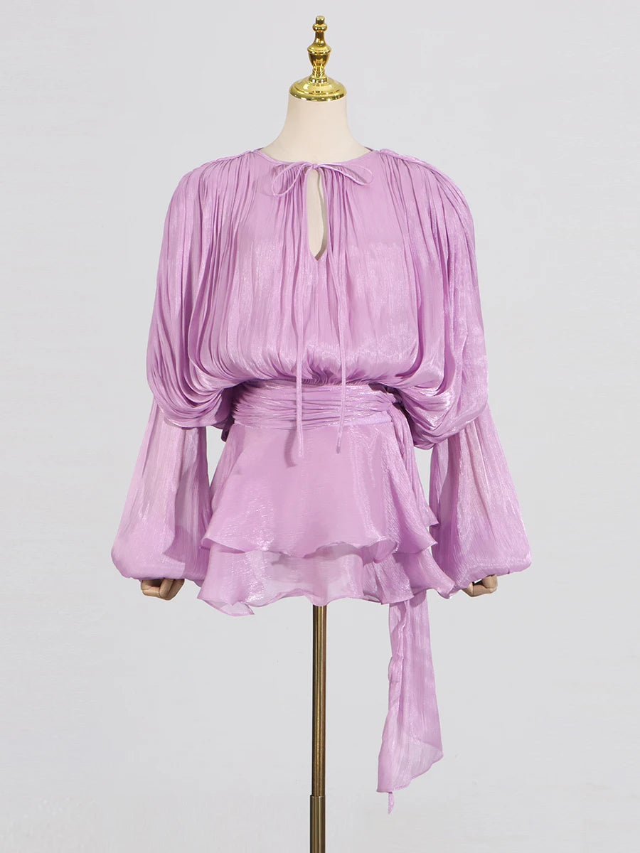 GALCAUR Solid Loose Splicd Lace Up Dresses For Women V Neck Long Sleeves Patchwork Ruffles Tunic Dreses Female Fashio New