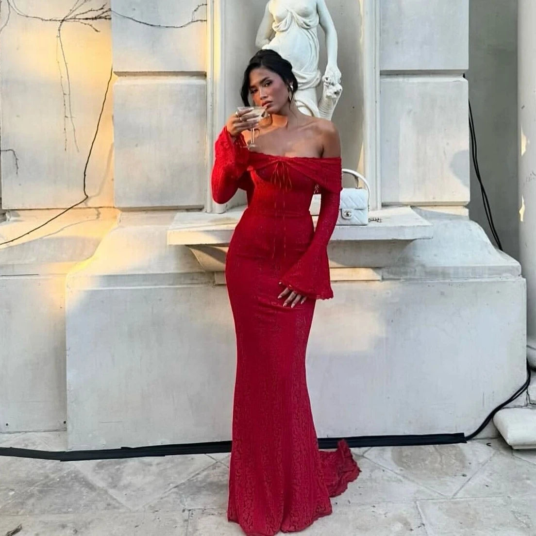 Suninheart White Maxi Wedding Guest Dress Women 2025 Elegant Off The Shoulder evening party dresses red lace flare sleeve dress - SalmanStore 