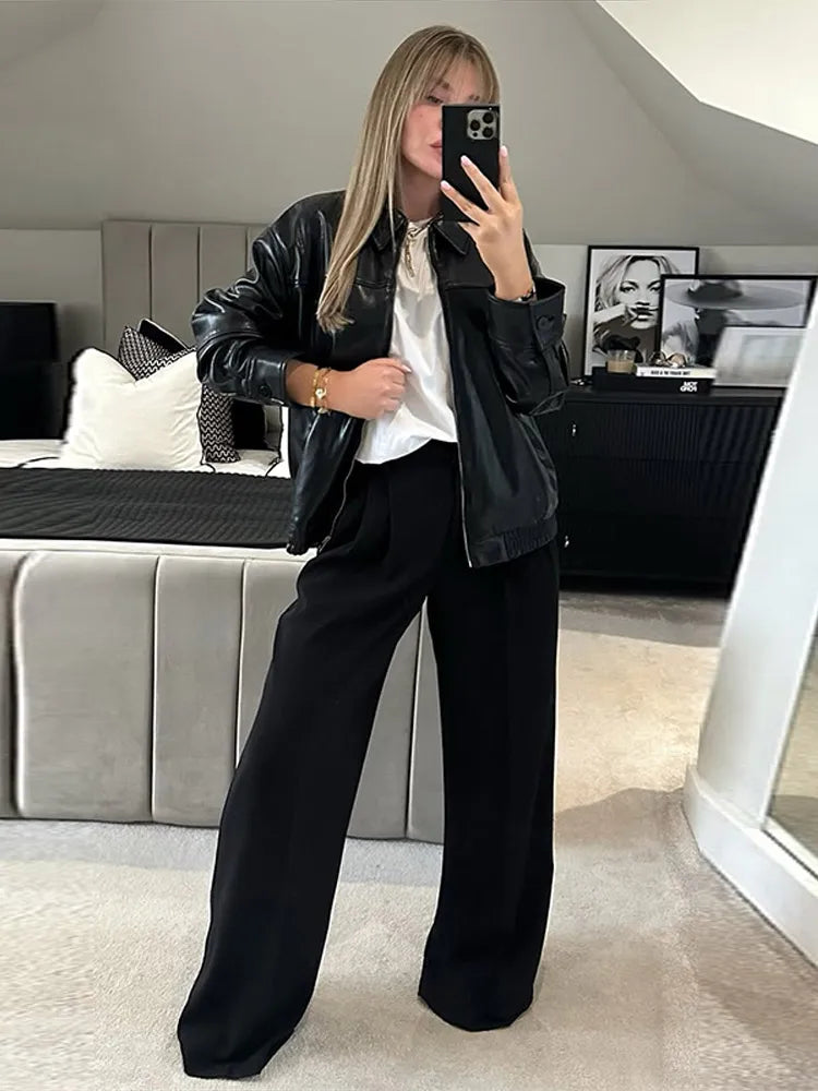 Vintage Textured Leather Jacket Coat Matte Zipper Lapel Commuting Loose Women Motorcycle Jackets Street Trendy Short Outwear Top