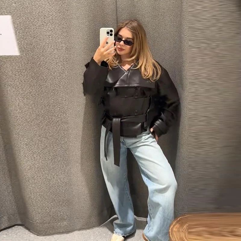 Street Women's Cropped Leather Jackets With Belt Lapel Double Breasted Pockets Full Sleeve Coat 2025 Autumn Lady Vintage Outwear