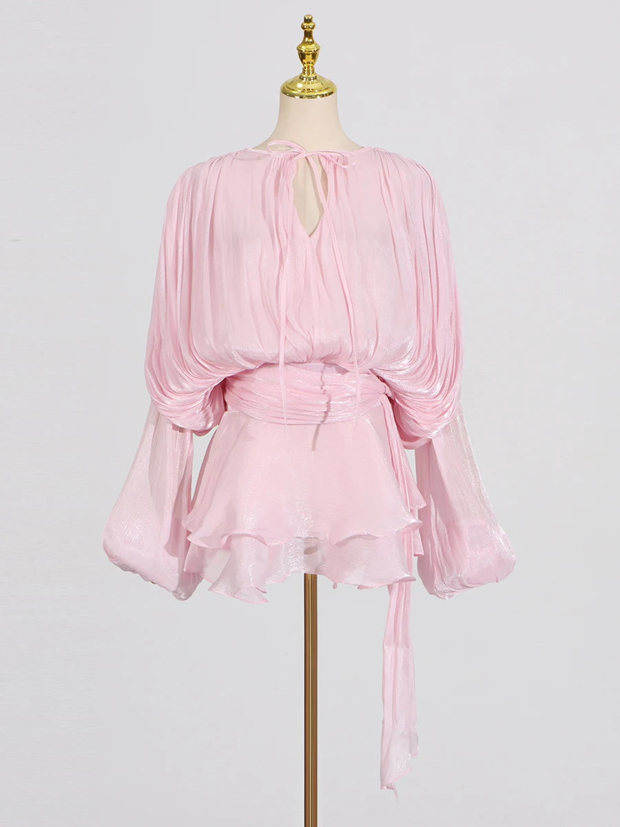 GALCAUR Solid Loose Splicd Lace Up Dresses For Women V Neck Long Sleeves Patchwork Ruffles Tunic Dreses Female Fashio New