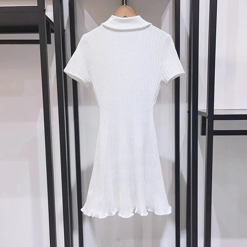 2024 Spring/Summer New Polo Neck Short Sleeve Knitted Dress Y2K Fashion Commuter Elastic Slim Fit Multi Pocket Wrapped Hip Skirt