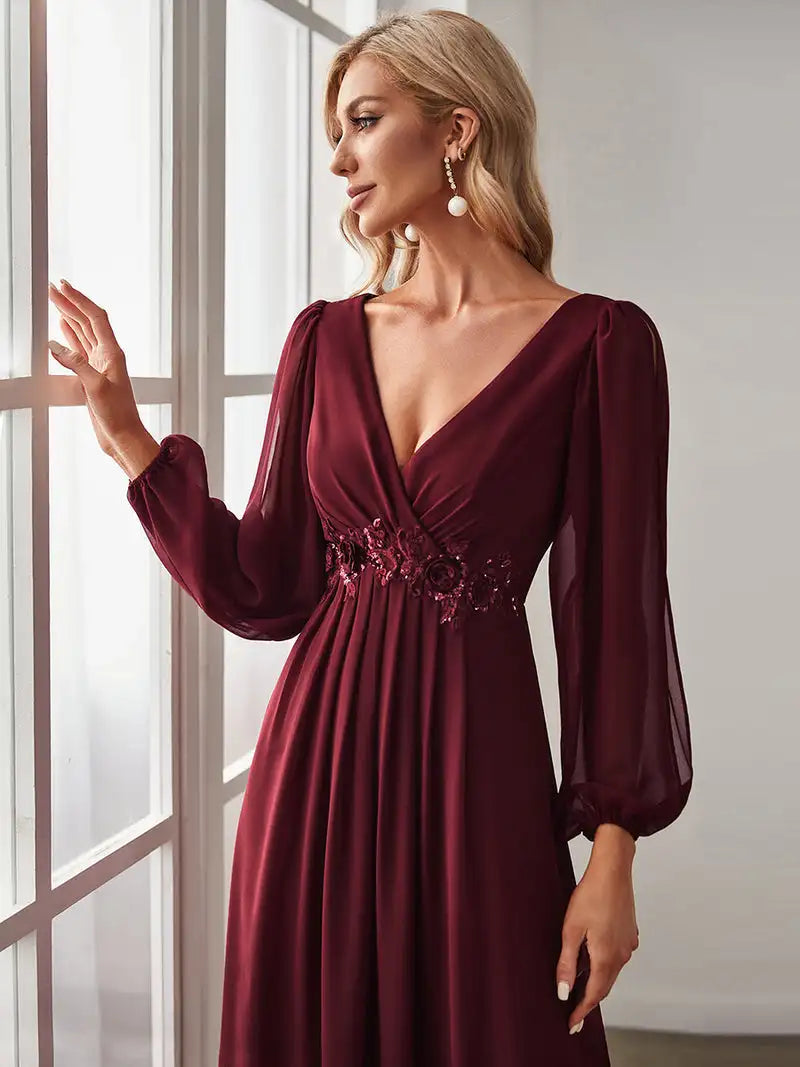 Elegant Evening Dresses Long Lantern Sleeves V-neck 2025 ever pretty of A-LINE Chiffon Burgundy flower beltbelt Prom Dress Women - SalmanStore 