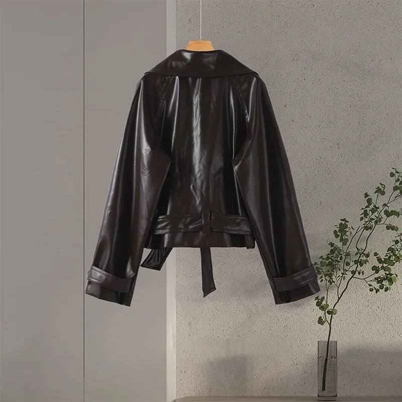Street Women's Cropped Leather Jackets With Belt Lapel Double Breasted Pockets Full Sleeve Coat 2025 Autumn Lady Vintage Outwear