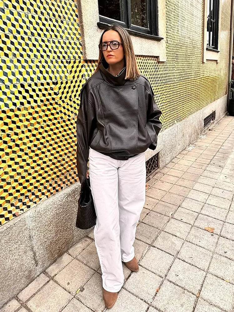 Retro Stand Collar PU Leather Jacket Women Classic Casual Zipper Single Breasted Black Jackets Lady 2025 Autumn Chic Streetwear