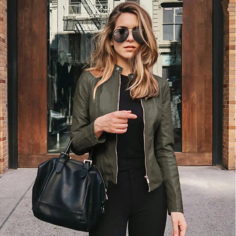 New Vintage Women PU Leather Bomber Jacket Fashion Casual Autumn Winter Zipper Windbreaker Streetwear Female Blazer Y2K Clothes