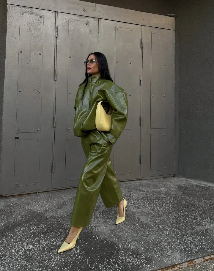 Street Zipper Leather Jackets Skirts Sets Women Loose Stand Collar Full Sleeve Coat Straight Skirt 2025 Autumn Winter Lady Suit