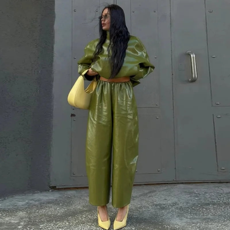 Street Zipper Leather Jackets Skirts Sets Women Loose Stand Collar Full Sleeve Coat Straight Skirt 2025 Autumn Winter Lady Suit