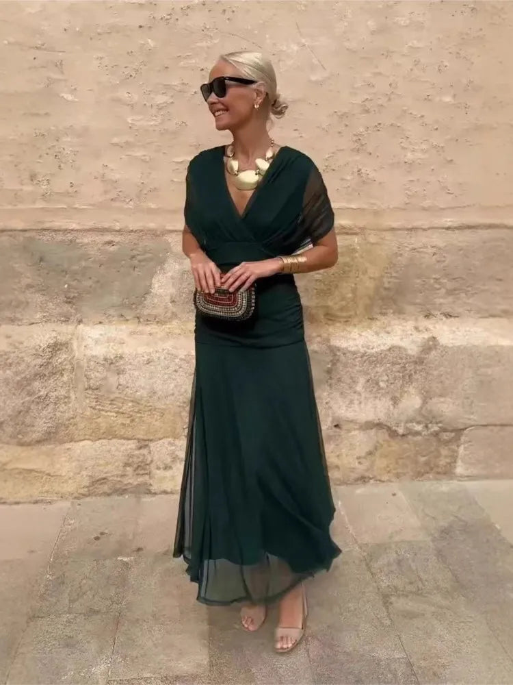 Floral Print High Waist Pleat Party Dress Elegant Women Bat Sleeve Swing Casual Dress Female Chest Low Cocktail A-Line Dress - SalmanStore 