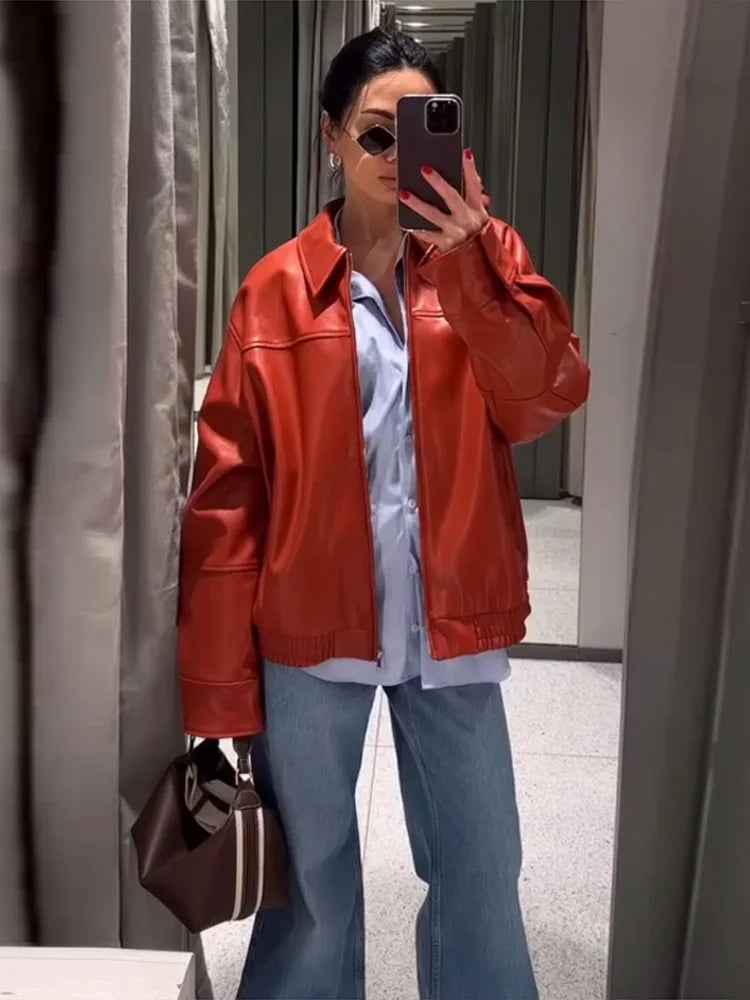 Vintage Textured Leather Jacket Coat Matte Zipper Lapel Commuting Loose Women Motorcycle Jackets Street Trendy Short Outwear Top