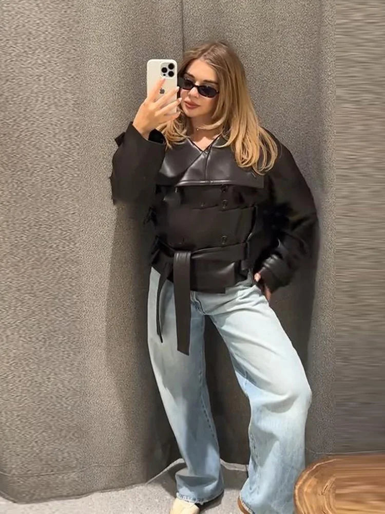 Street Women's Cropped Leather Jackets With Belt Lapel Double Breasted Pockets Full Sleeve Coat 2025 Autumn Lady Vintage Outwear