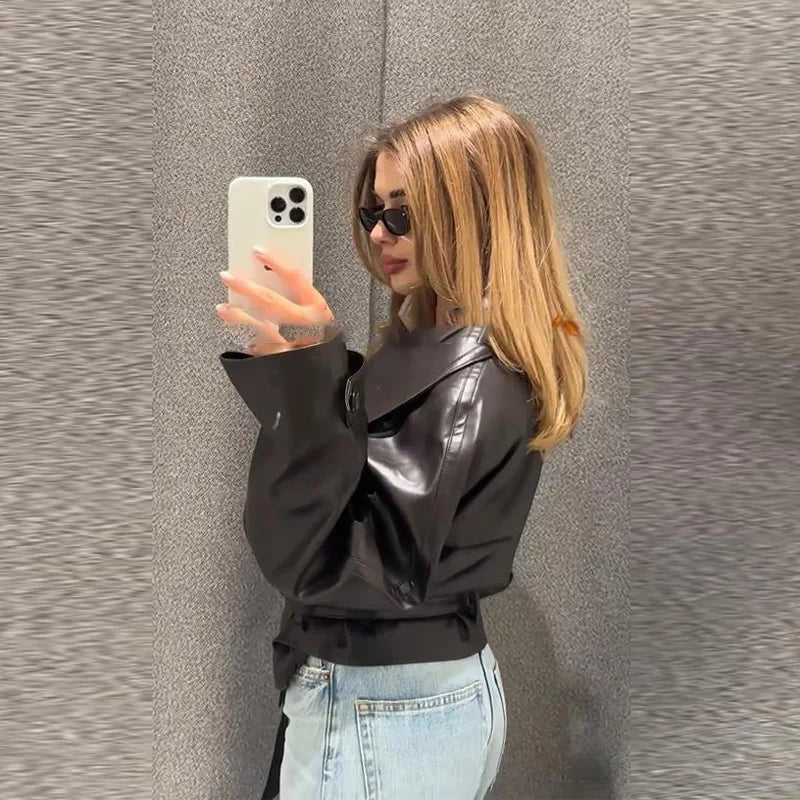 Street Women's Cropped Leather Jackets With Belt Lapel Double Breasted Pockets Full Sleeve Coat 2025 Autumn Lady Vintage Outwear