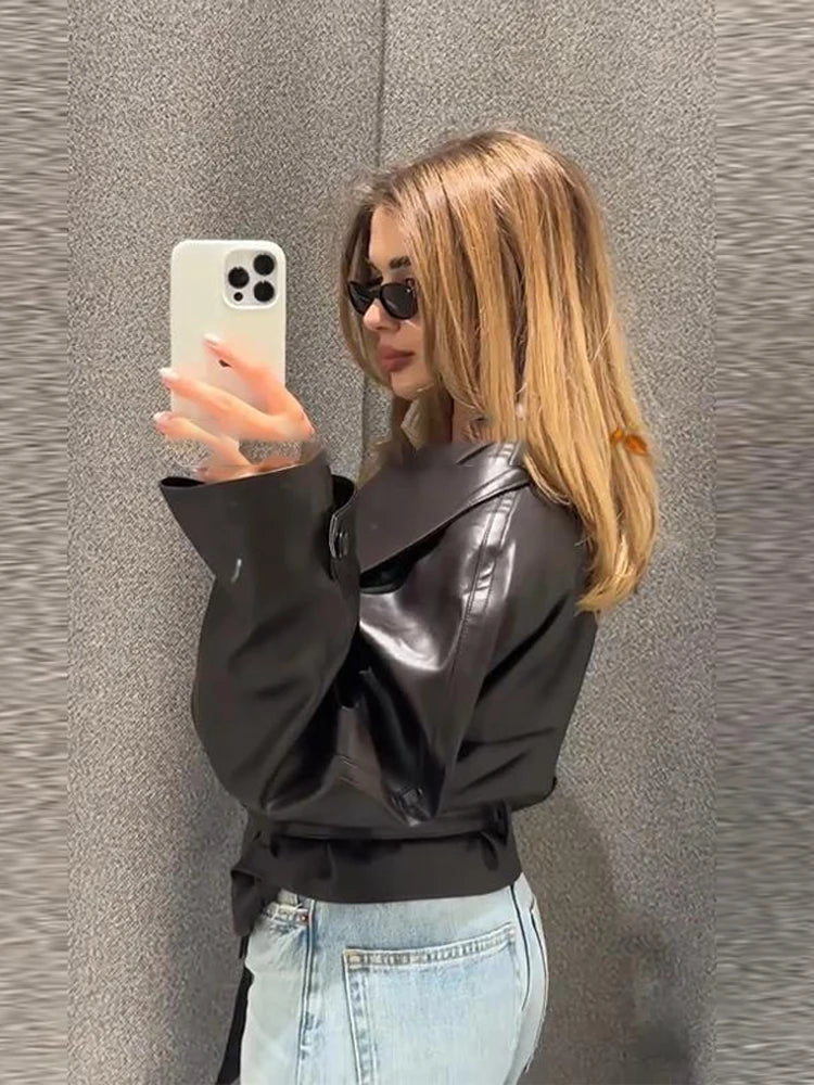 Street Women's Cropped Leather Jackets With Belt Lapel Double Breasted Pockets Full Sleeve Coat 2025 Autumn Lady Vintage Outwear