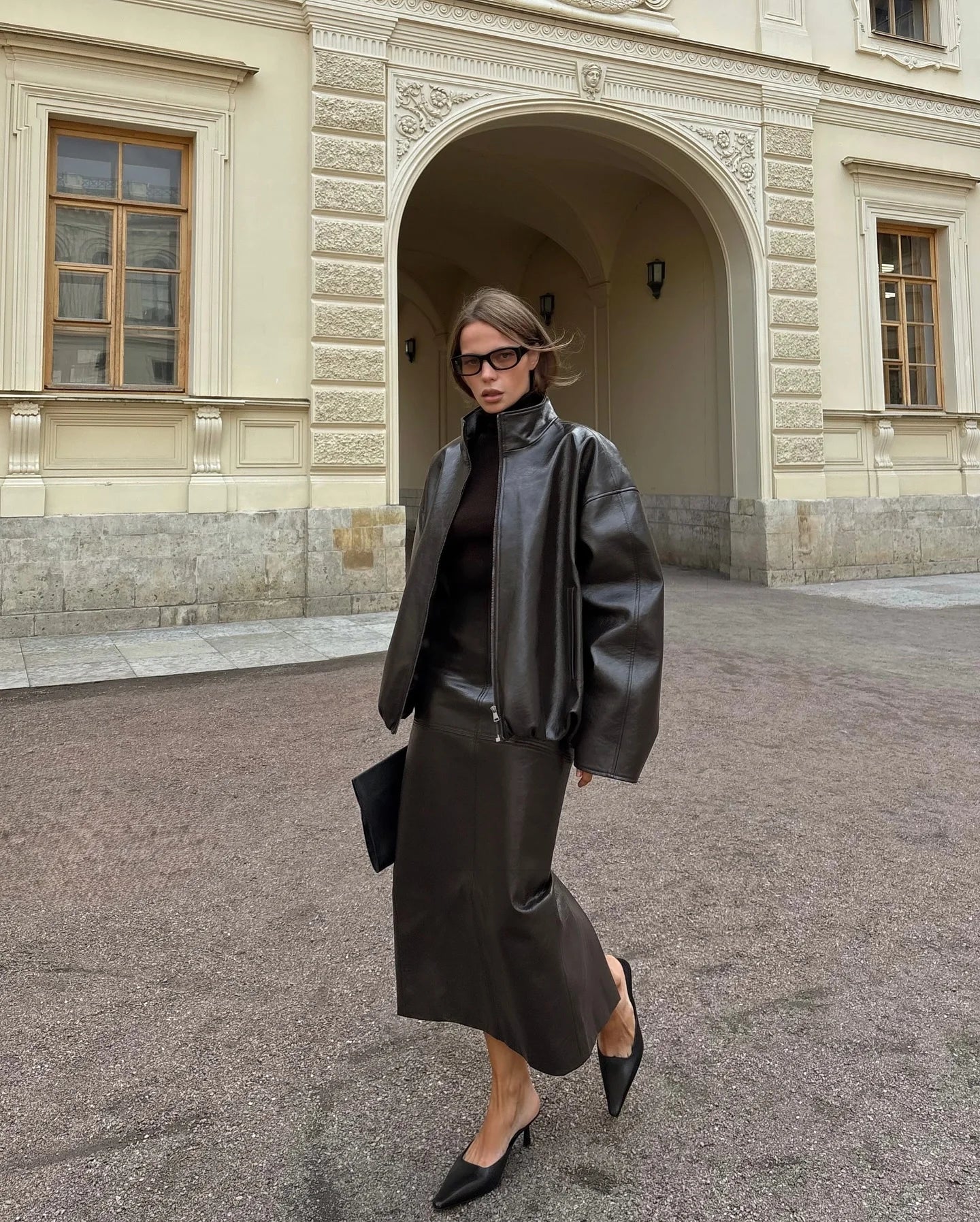 Street Zipper Leather Jackets Skirts Sets Women Loose Stand Collar Full Sleeve Coat Straight Skirt 2025 Autumn Winter Lady Suit