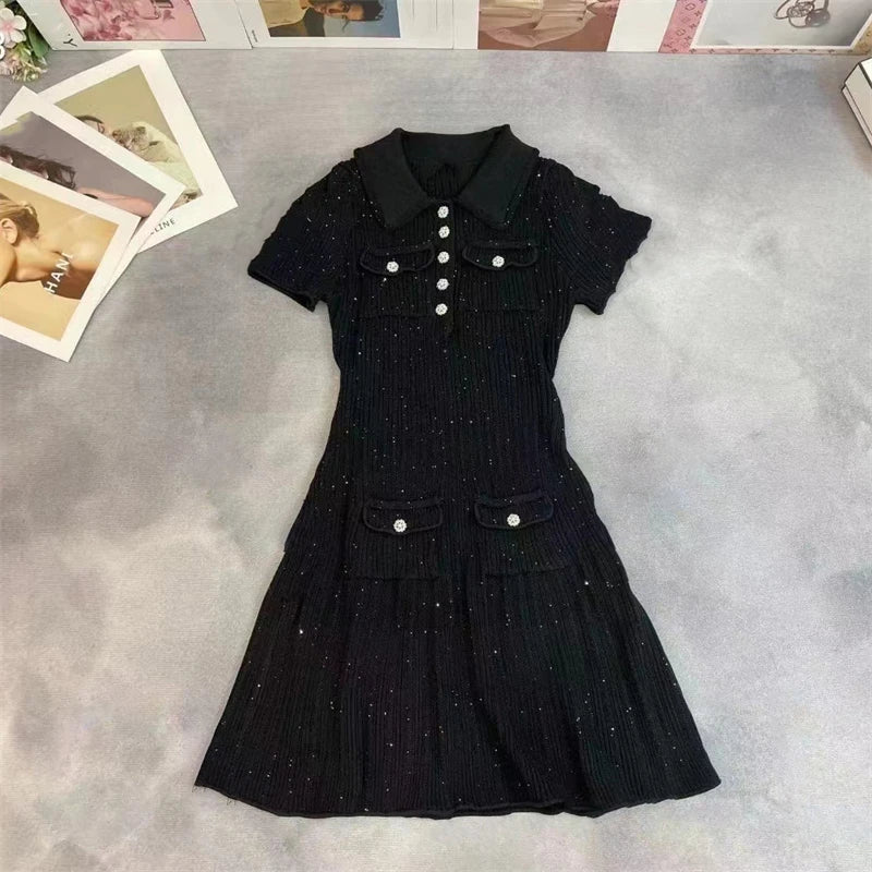 2024 Spring/Summer New Polo Neck Short Sleeve Knitted Dress Y2K Fashion Commuter Elastic Slim Fit Multi Pocket Wrapped Hip Skirt