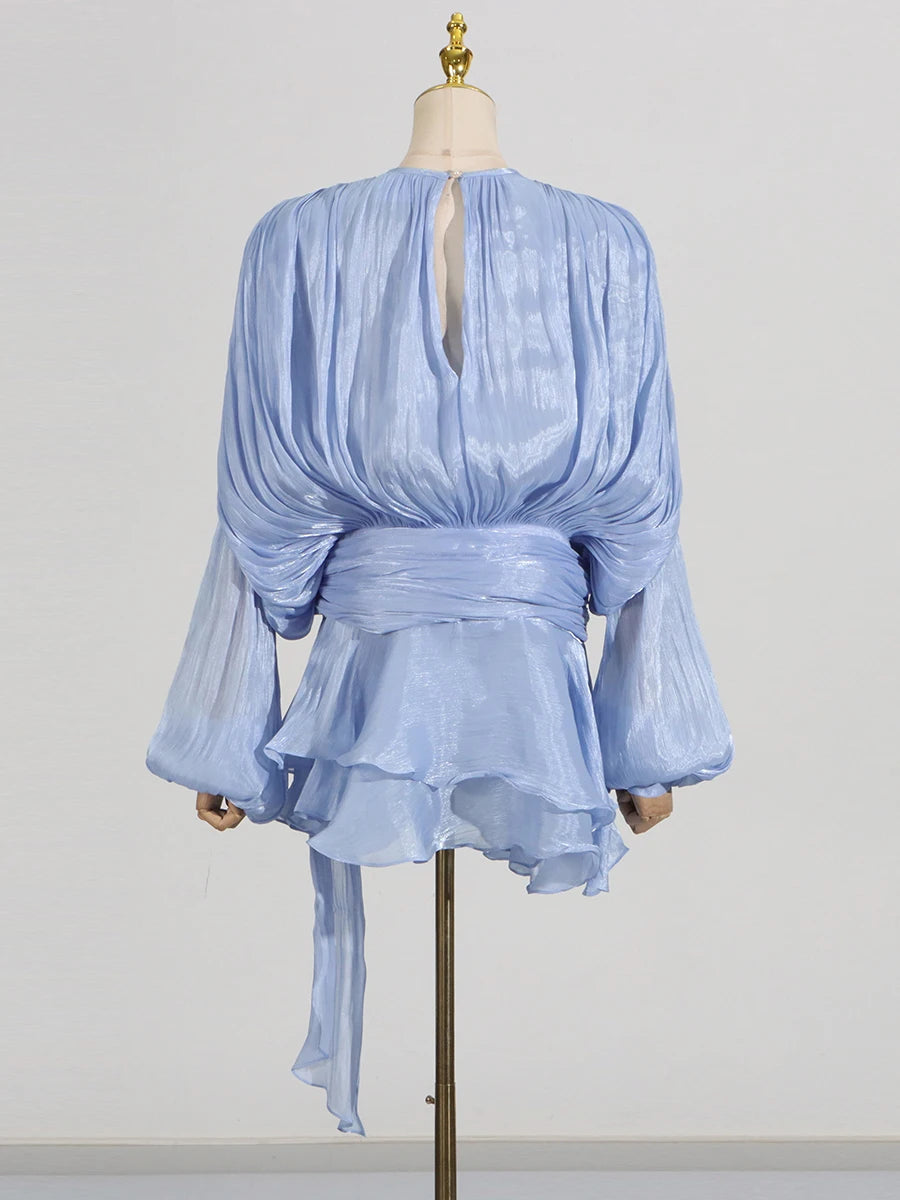 GALCAUR Solid Loose Splicd Lace Up Dresses For Women V Neck Long Sleeves Patchwork Ruffles Tunic Dreses Female Fashio New