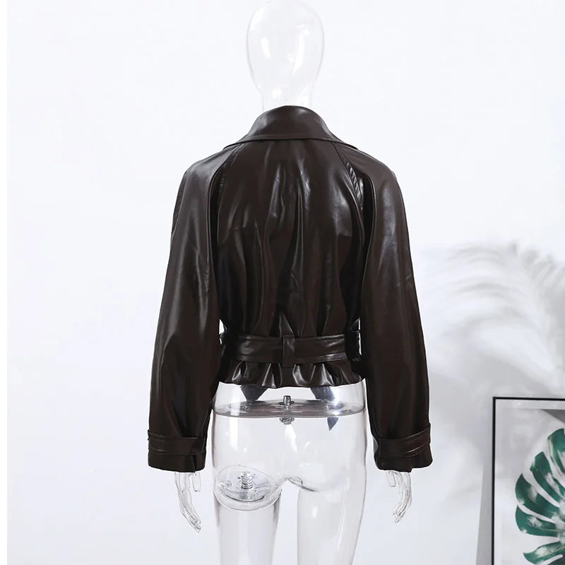 Street Women's Cropped Leather Jackets With Belt Lapel Double Breasted Pockets Full Sleeve Coat 2025 Autumn Lady Vintage Outwear