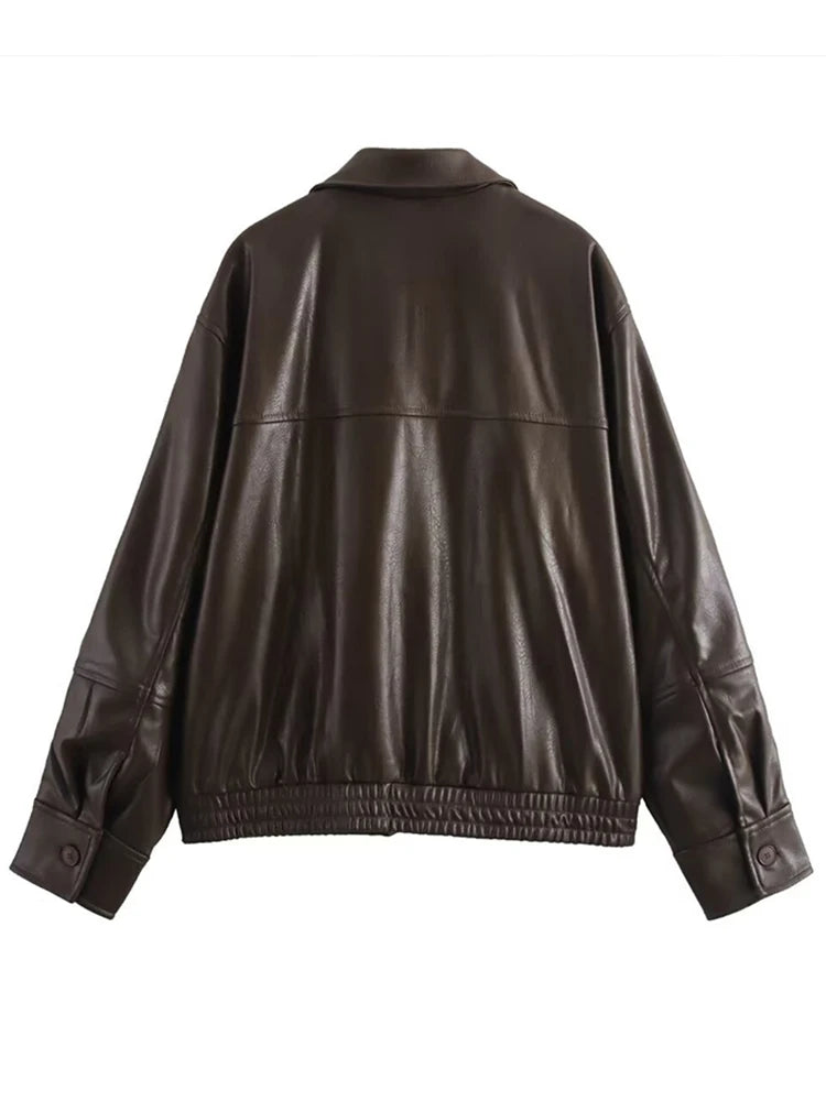 Vintage Textured Leather Jacket Coat Matte Zipper Lapel Commuting Loose Women Motorcycle Jackets Street Trendy Short Outwear Top