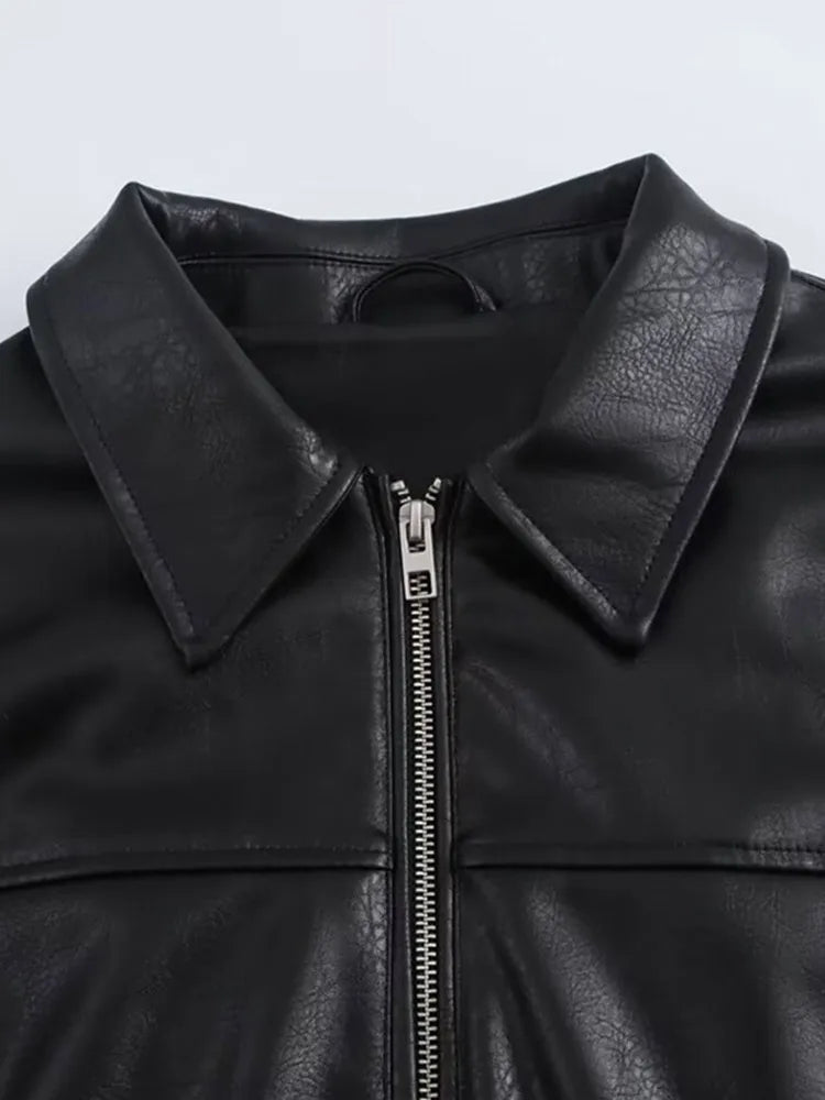 Vintage Textured Leather Jacket Coat Matte Zipper Lapel Commuting Loose Women Motorcycle Jackets Street Trendy Short Outwear Top