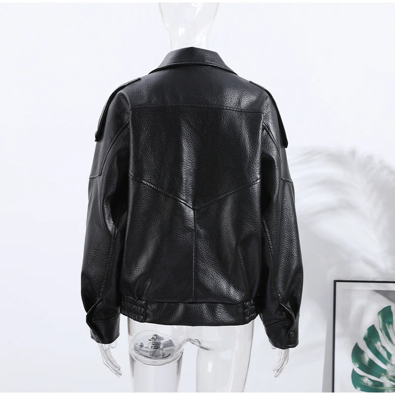 Retro Stand Collar PU Leather Jacket Women Classic Casual Zipper Single Breasted Black Jackets Lady 2025 Autumn Chic Streetwear