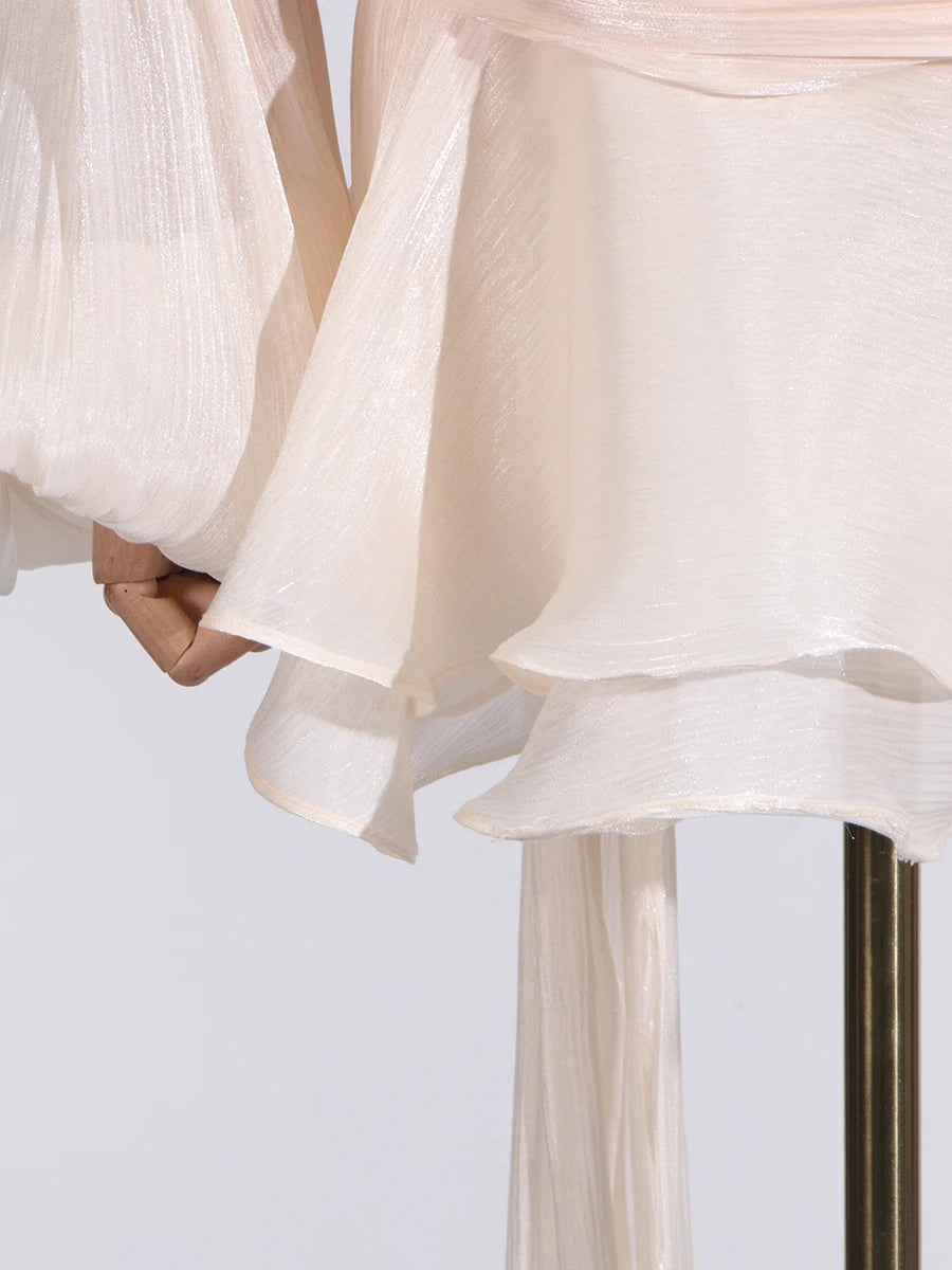 GALCAUR Solid Loose Splicd Lace Up Dresses For Women V Neck Long Sleeves Patchwork Ruffles Tunic Dreses Female Fashio New