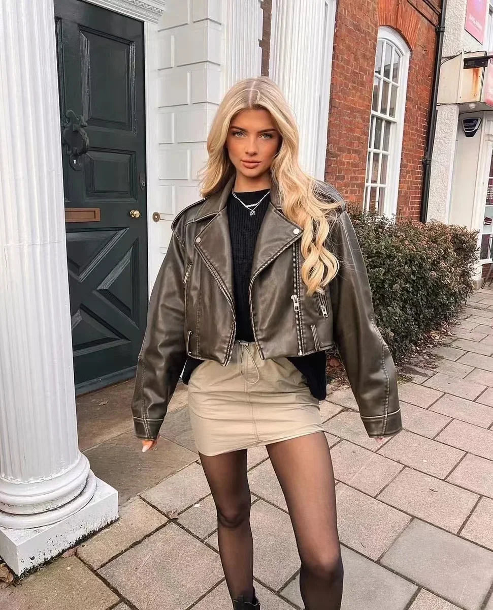 Women Vintage Loose Washed Faux Leather Short Jacket Streetwear Female Zipper Belt Moto Biker Retro Coat Outwear Tops