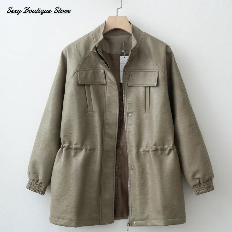 Autumn Winter Pu Leather Jacket For Women Solid Full Sleeve Elastic Adjustable Waist Coat 2025 New Lady Fashion Casual Outwears