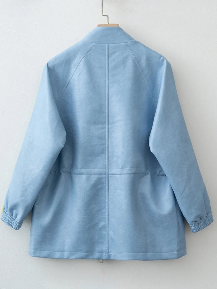 Autumn Winter Pu Leather Jacket For Women Solid Full Sleeve Elastic Adjustable Waist Coat 2025 New Lady Fashion Casual Outwears