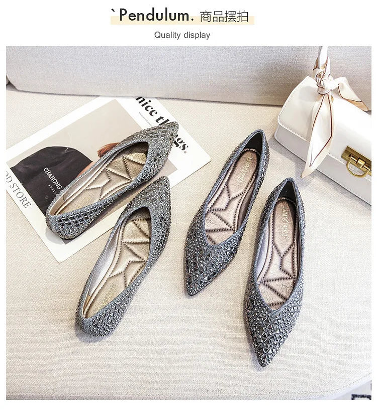 famous brand rivets flats women pointed toe glitter beading ballerian shoes shallow mouth sequined cloth moccasins plus size 43