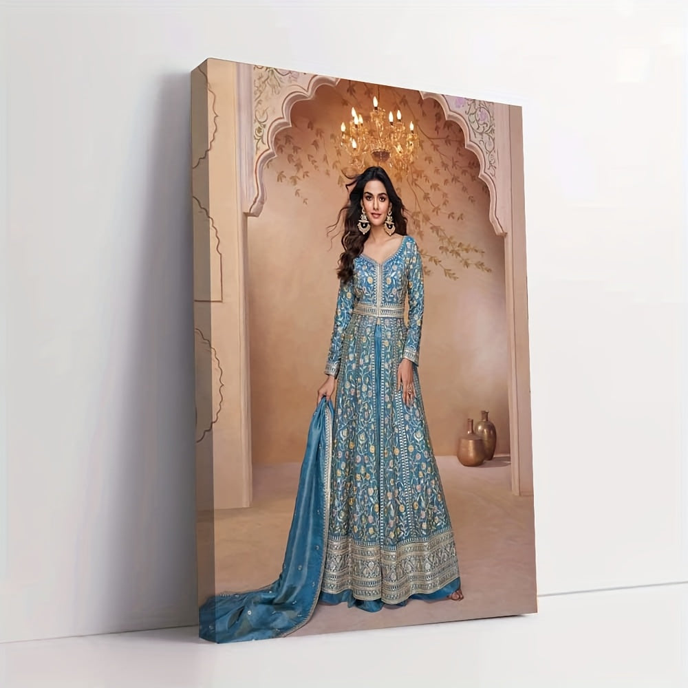 Framed Canvas Art Print Painting, Scene of a Person in Blue Floral Dress, 40.64x60.96 cm, Suitable for Home Decor - Bedroom, Office, Living Room, Cafe, Bar Wall Hanging Picture Ready to Display 2D Flat Design Perfect Gift, 2D - SalmanStore 