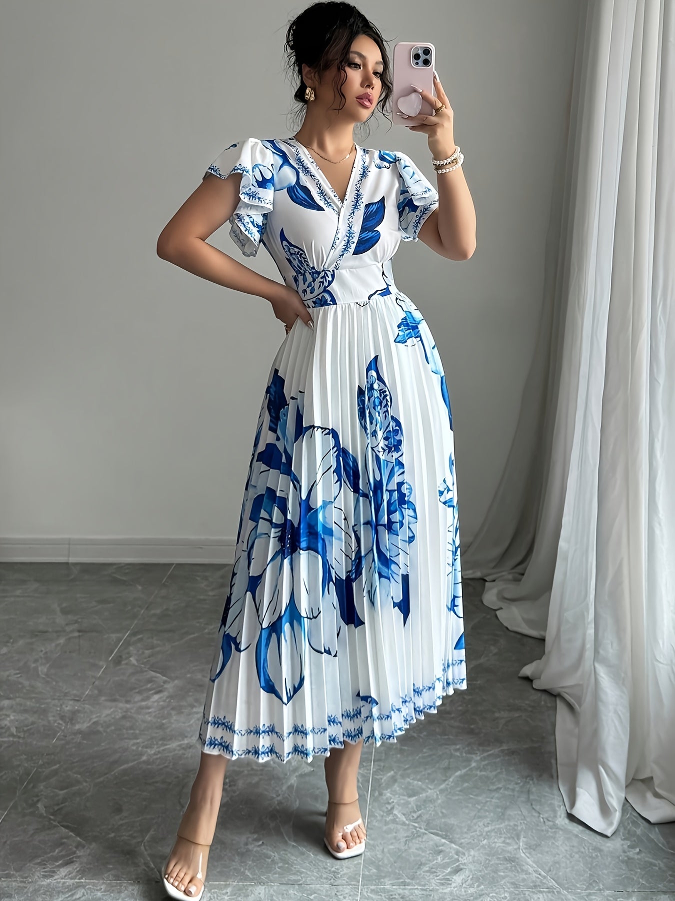 Floral Print Pleated Vacation Dress | Elegant V-neck, Spring/Summer Season, Perfect for Adults. - SalmanStore 